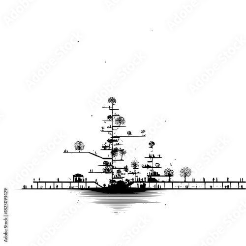 Architectural drawing of a multilevel park with trees and people isolated on shows a creative design idea