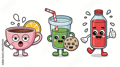 Cartoon drinks with facial expressions set