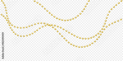Gold beads on a white background. A beautiful chain of yellow color. Net beads are realistic. Decorative element from golden ball design