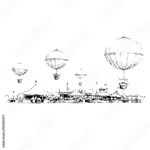 Vintage illustration of a fairground with hot air balloons isolated on hand drawn sketch of a festive scene