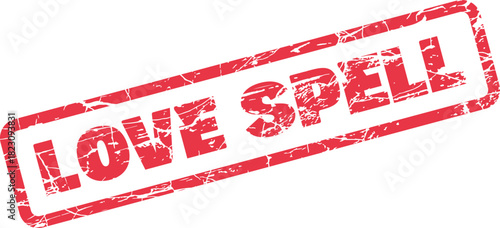 Distressed red rubber stamp effect proclaiming Love Spell for romantic themes and magical applications