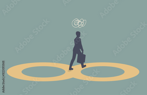 Businessman moves along an infinity symbol, with no way out and no career path. Career path dead end, work on same old repetitive job, business as usual no motivation. infinity loop routine job.