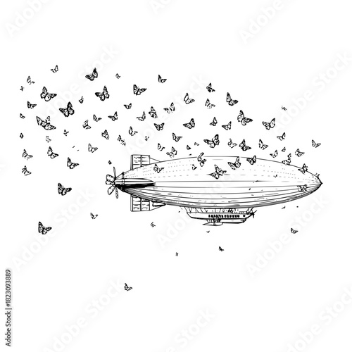 Whimsical airship takes flight, carried by a flurry of butterflies, isolated on a surreal journey begins
