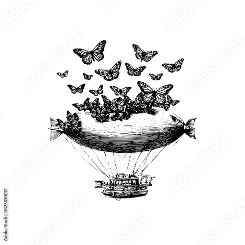Vintage airship with butterflies isolated on, a whimsical and nostalgic illustration of flight and transformation