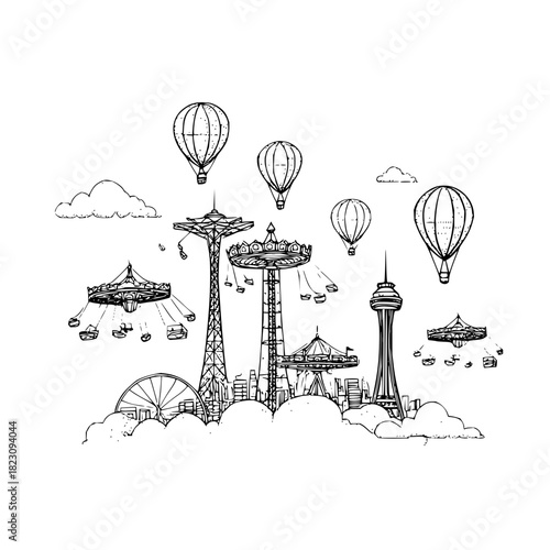 Hand drawn amusement park with hot air balloons and rides isolated on, a whimsical and nostalgic scene