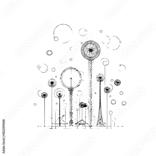 Whimsical cityscape with abstract towers and floating orbs, creating a dreamy, surreal atmosphere isolated on