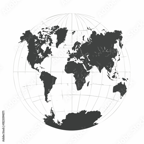 Minimalist vector illustration of a global map showing Earth's continents in dark gray on a spherical projection grid, isolated on a white background