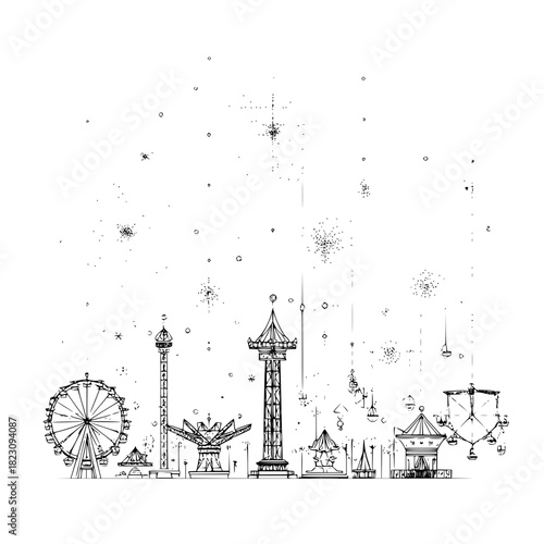 Whimsical amusement park skyline illustration isolated on, capturing the magic and joy of a carnival landscape