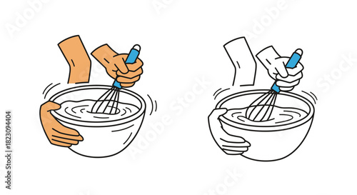 Two illustrations showing a person whisking ingredients in a bowl with a whisk.
