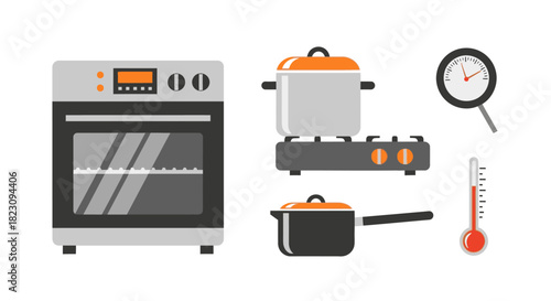 Illustration of kitchen appliances including an oven, stove, pots, pan, thermometer, and timer.