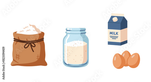 Illustration of baking ingredients: flour, sugar, milk, and eggs.