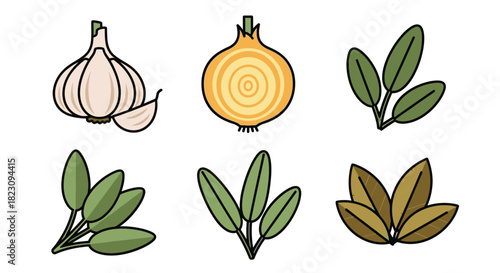 A collection of fresh ingredients including garlic, onion, and various herbs, presented in a clean, illustrative style.