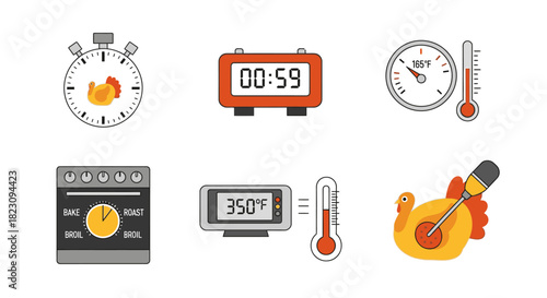 Collection of illustrations depicting cooking-related elements, including timers, thermometers, and an oven.