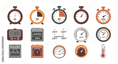 Collection of timers, temperature gauges, and oven icons.
