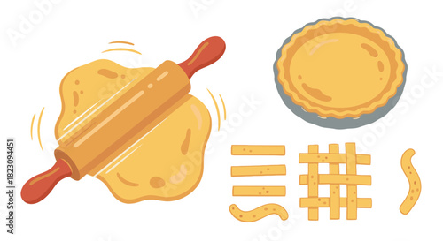 A rolling pin flattening dough next to a pie crust and cut dough strips for baking.