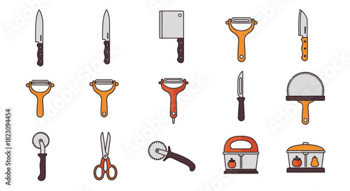A collection of various kitchen tools and utensils including knives, peelers, pizza cutters, and shears.