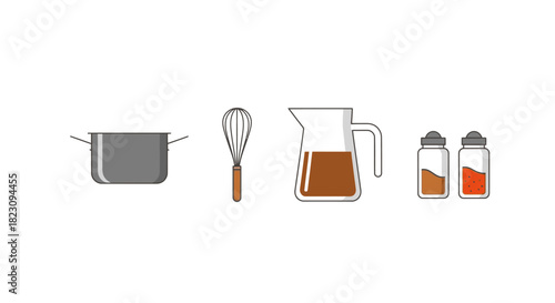 A collection of kitchen tools and ingredients, ready for cooking and preparing food.