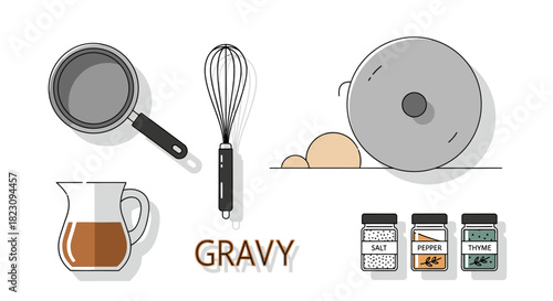 Illustration of gravy ingredients and cooking utensils on a white background.