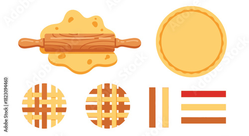 Vector illustration set for making a pie, showing a rolling pin, dough, a circular base, and lattice crust designs.