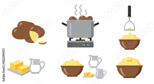 Illustration showing the process of making mashed potatoes from raw potatoes to the final dish.