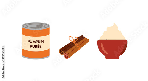 A vibrant illustration featuring a can of pumpkin purée, cinnamon sticks, and a bowl of whipped cream, essential ingredients for a delicious fall dessert.