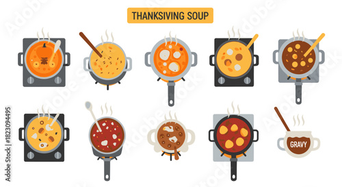 A collection of various Thanksgiving soups and stews cooking in pots on stovetops, presented as a flat vector illustration set.
