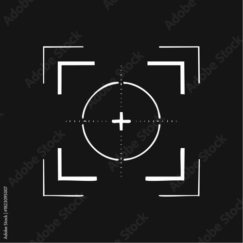 Camera viewfinder overlay graphic with crosshairs and focus points on a dark background, representing targeting and precision
