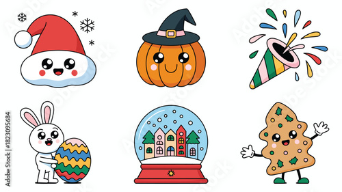 Collection of festive kawaii cartoon icons