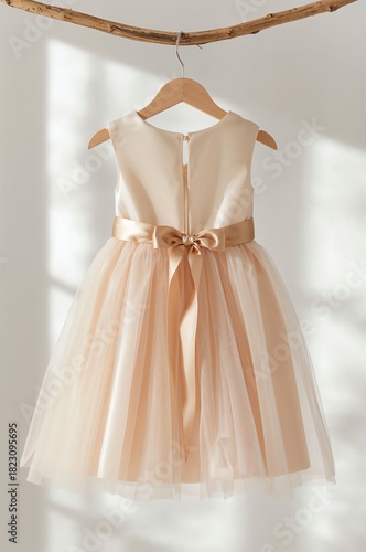 Flower Girl Dress in Beige Tulle with Satin Belt