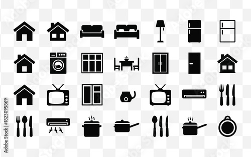Collection of black and white home furniture and appliance icons