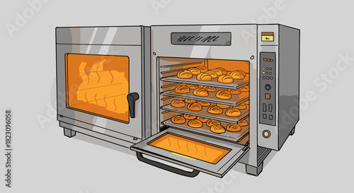 Two commercial ovens are actively baking numerous golden-brown pastries and bread, highlighting the efficient production process within a professional bakery kitchen.