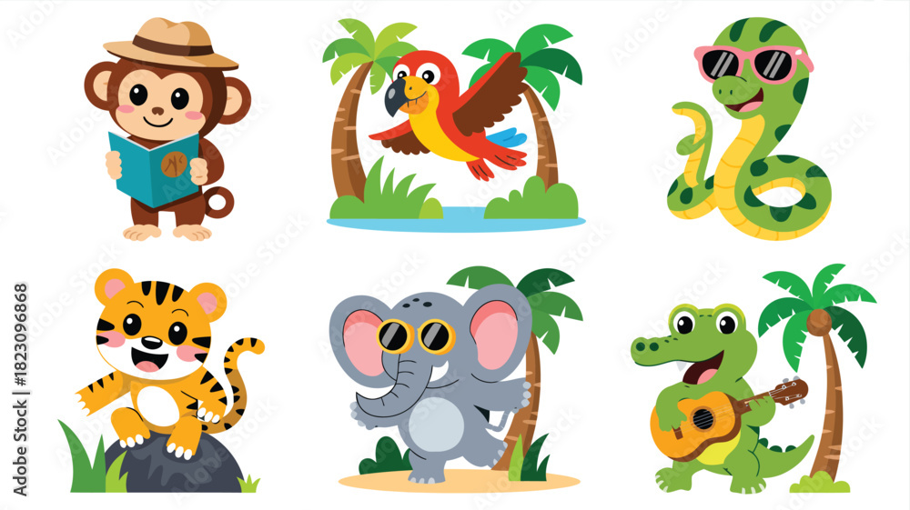 Naklejka premium Cartoon wild animal characters set vector