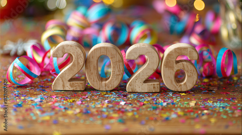 Wallpaper Mural People are preparing for a celebration, surrounded by vibrant confetti, colorful decorations, and the wooden numbers representing the year 2026. Festive items add to the joyful atmosphere. Torontodigital.ca