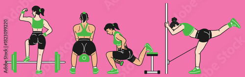 People woman wellness gym workout poses set