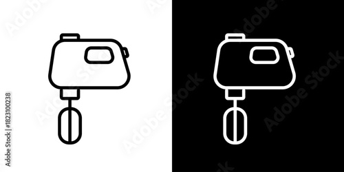 Minimalist vector icon illustrations of a hand mixer on black and white backgrounds