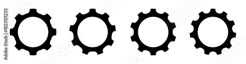 Four bold gear icons with thicker shapes and consistent mechanical form. Suitable for engineering themes, digital systems, machinery visuals, industrial use, and technical interfaces.