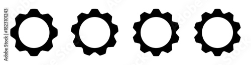 Four solid gear icons with uniform tooth design, showing simple mechanical motion. Ideal for themes of technology, machinery, system settings, industrial processes, and engineering.