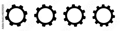 Four outline gear icons with thin, precise strokes, representing detailed mechanical structure. Ideal for themes of engineering, technology, system settings, and machine mechanics.