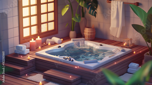 Fototapeta Naklejka Na Ścianę i Meble -  3d isometric low-poly clay home spa room jacuzzi