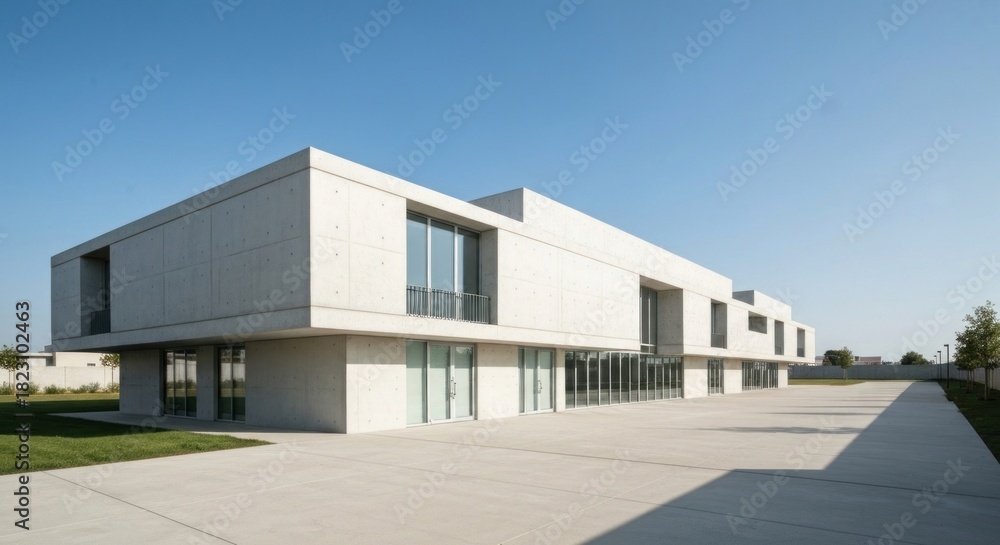 Fototapeta premium Modern concrete building complex, facing a paved courtyard, under a clear sky