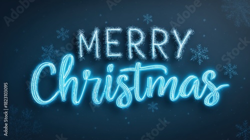Bright Blue Neon Merry Christmas Sign with Snowflakes on Dark Background