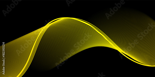 Vector illustration of gold curve lines isolated on black. Gold abstract wave background. Luxury glitter glitter swirl pattern. Elegant modern fashion design elements.