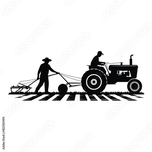 Silhouette of farmers plowing a field with a tractor and horse drawn plow