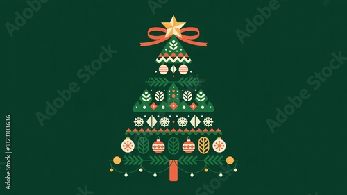 Festive Christmas tree design with geometric shapes on green background