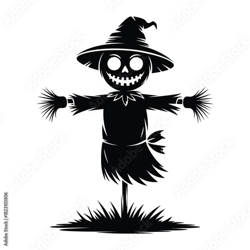 Spooky silhouette scarecrow with glowing eyes and grinning face