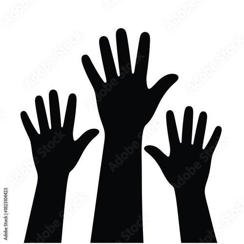 Silhouette of three raised hands against a white background