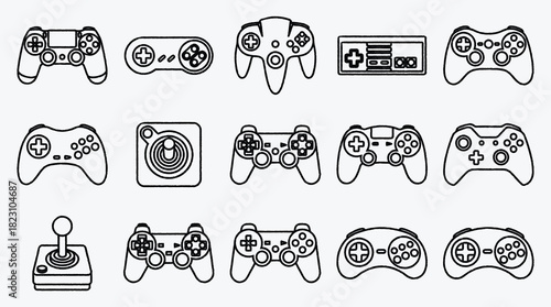 Collection of video game console controllers in black and white line art
