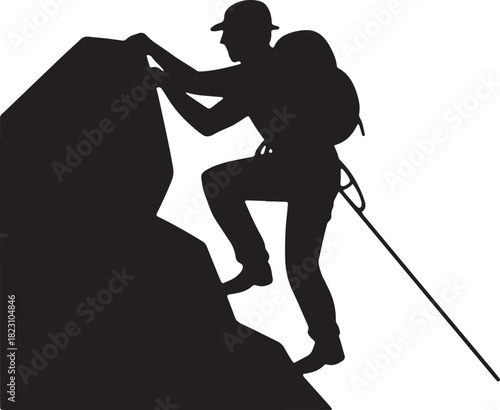 Mountain climber climbing rock with rope vector silhouette illustration concept