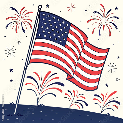 Waving american flag with red white and blue fireworks and stars celebrating independence day and patriotic holidays