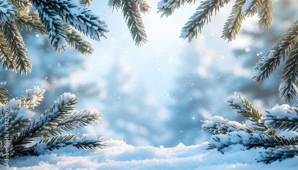 Obraz premium Snowy pine branches, evergreen nature's decoration for the winter season and Christmas holiday